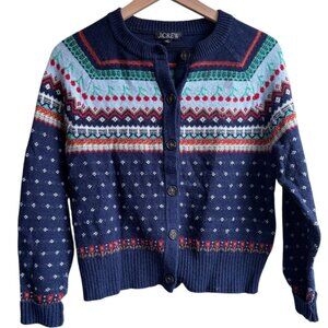 J.Crew Fair Isle Cherry Cherry wool blend Cardigan navy lambswool whimsical XS
